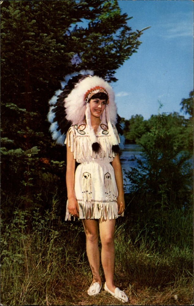Grand Marais Minnesota beautiful Indian maiden full regalia vintage postcard