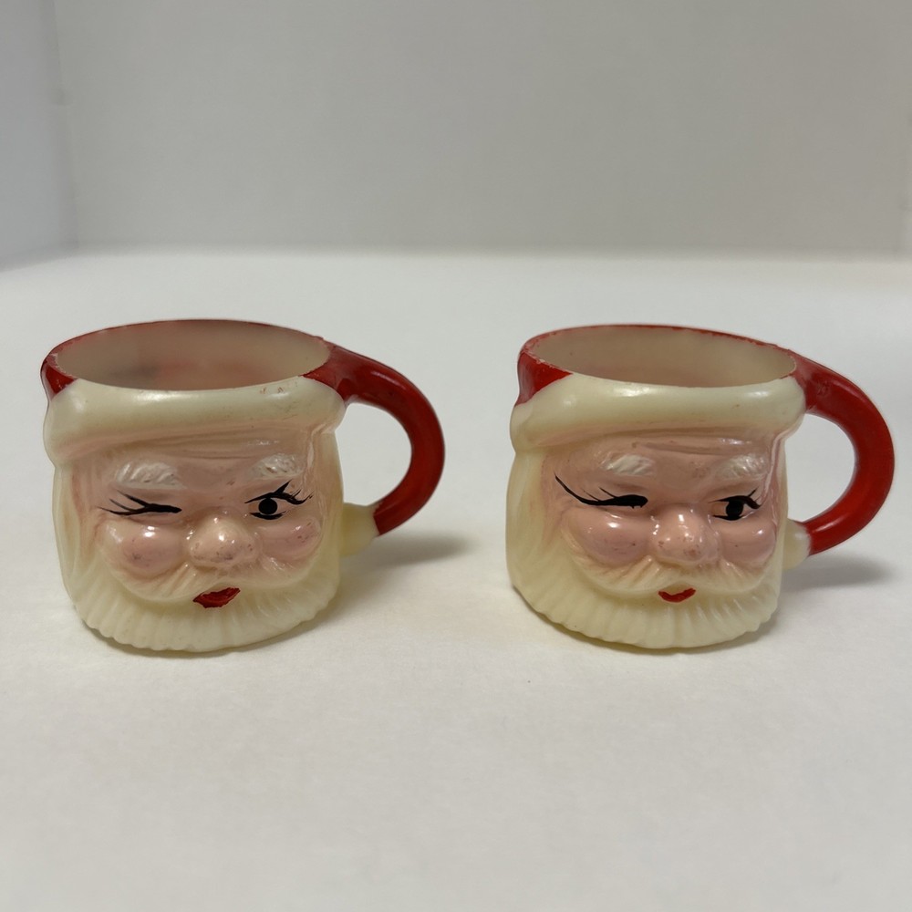 Santa Christmas Mugs Cups Mini  winking vtg Plastic Hong Kong MCM