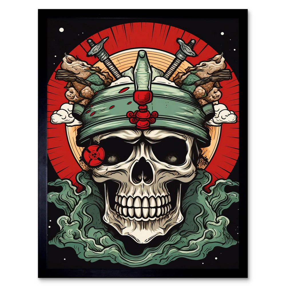 Skull Samurai Hat Old School Tattoo Rockabilly 50s Framed Print Wall Art 12x16