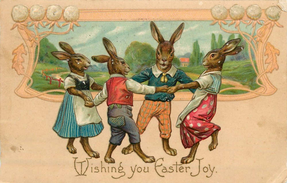 Embossed Easter Postcard Anthropomorphic Dressed Rabbits Dance