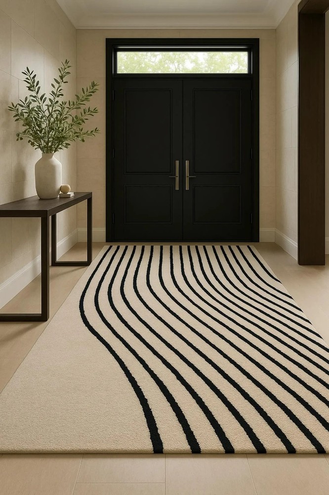 Hand-Tufted New Zealand Wool Rug: Black Wavy Stripe, Modern Rug Carpet