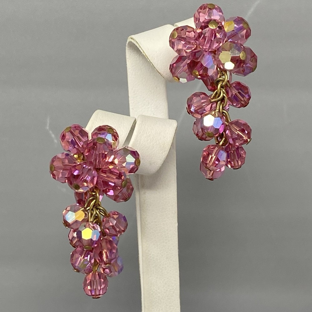 VTG Pink Grape Cluster Crystal Clip On Earrings Faceted Aurora Borealis Beads