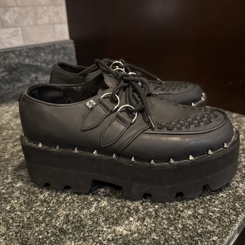 TUK Shoes Mens 5 Womens 7 Black Platform Faux Leather Dino Lug Sole Creeper Rock