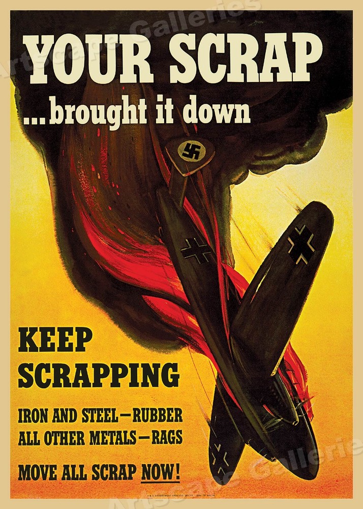 Vintage 1940s WWII Scrap Metal Recycling Poster - 16x20 Wall Art