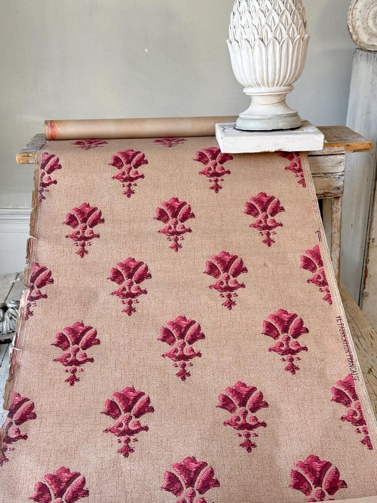 4yds (8yds avail) French Wallpaper Isidore Leroy c1920 Damask FloralPink Neutra