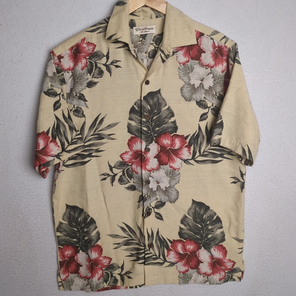 Caribbean M Vintage Hawaiian Shirt Button-Up Floral Silk / Cotton Tan-colorful