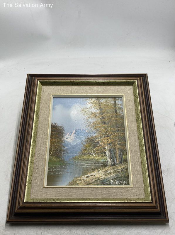 Multicolor Landscape Scene River Wooden Framed Oil Painting Signed By Martin