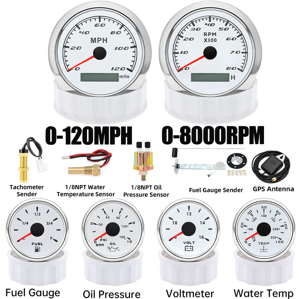 6 Gauge Set 85mm GPS Speedometer 120MPH Tachometer 8000RPM with Senders for Boat