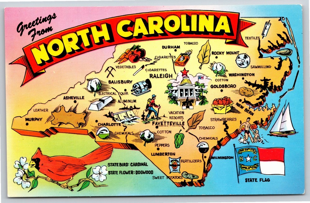 Maps~State Bird Flower Flag & Map of North Carolina~Vintage Linen Postcard