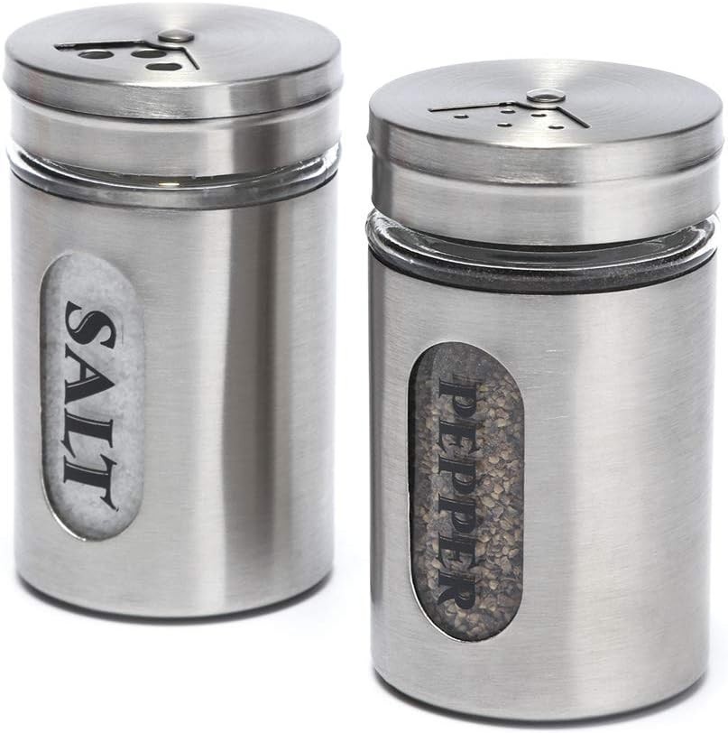 Stainless Steel & Glass Salt and Pepper Shaker Set in Silver