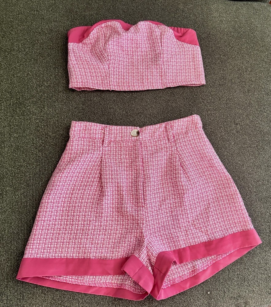 SheIn Pink White Tweed Bouclé 2 Piece Outfit Set Top Shorts XS 34 2 Button