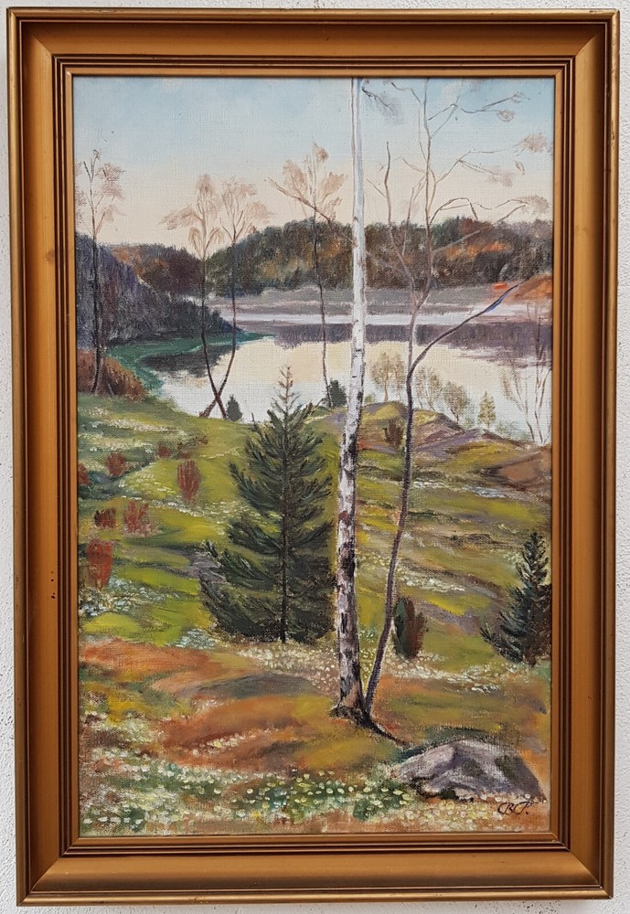 Oil painting artwork with frame picture painting oil painting forest lake nature birch