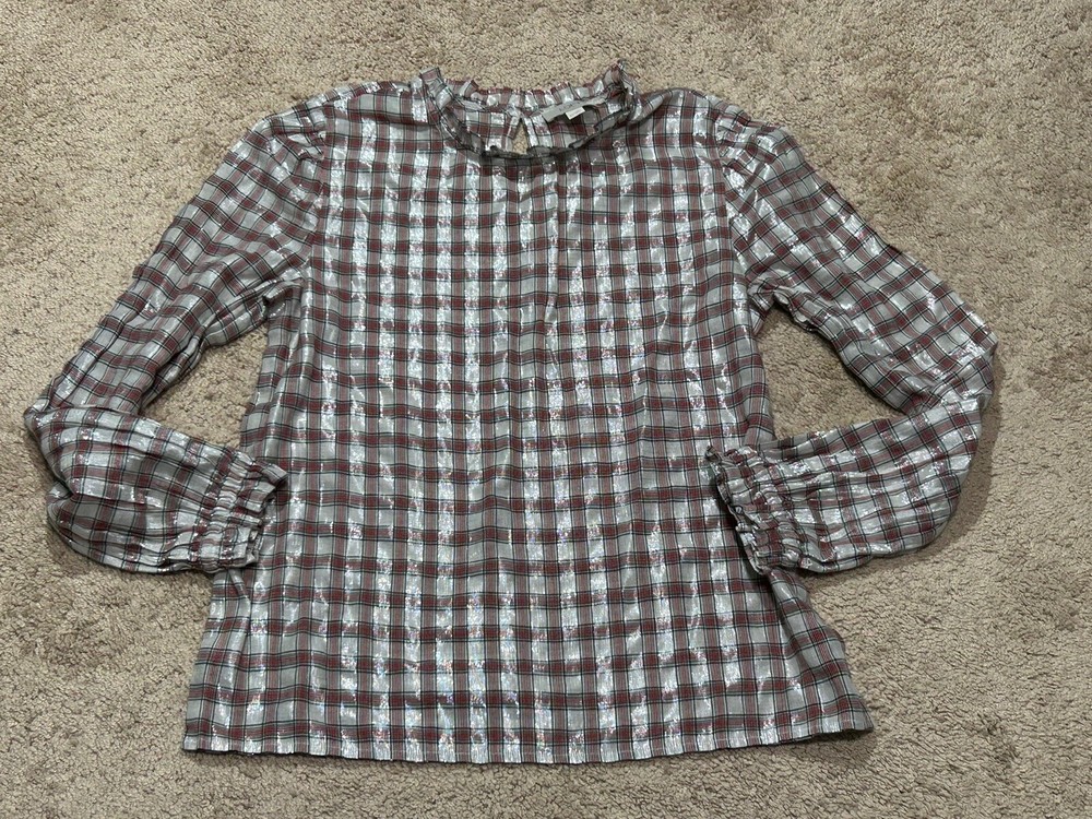 Loft Womens Shirt Size Medium Multicolor Plaid Sparkle Classic Dressy Comfort