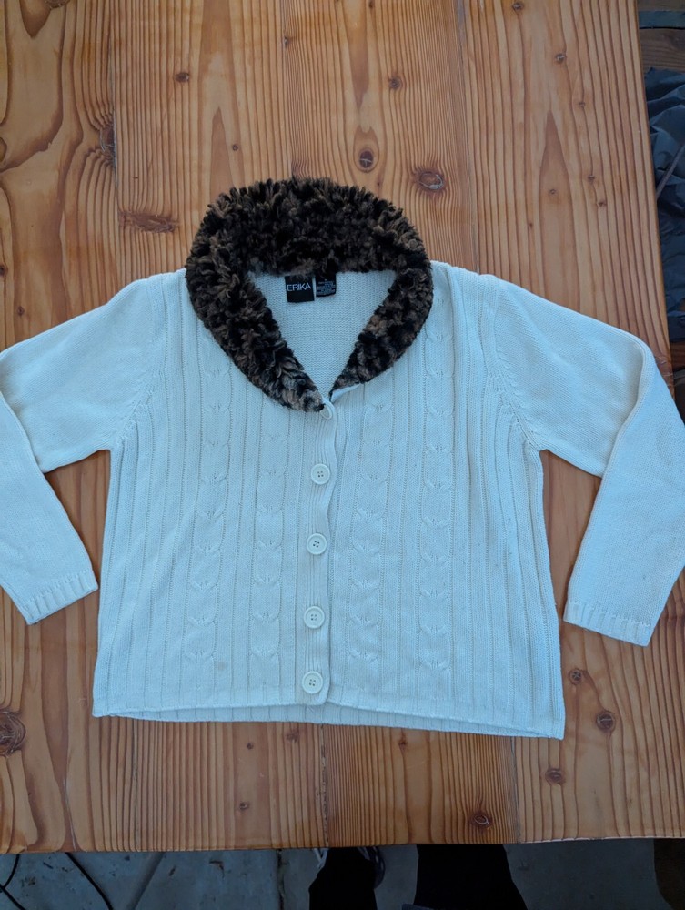 Erika White pullover cardigan button-up Sweater sz M 100% acrylic