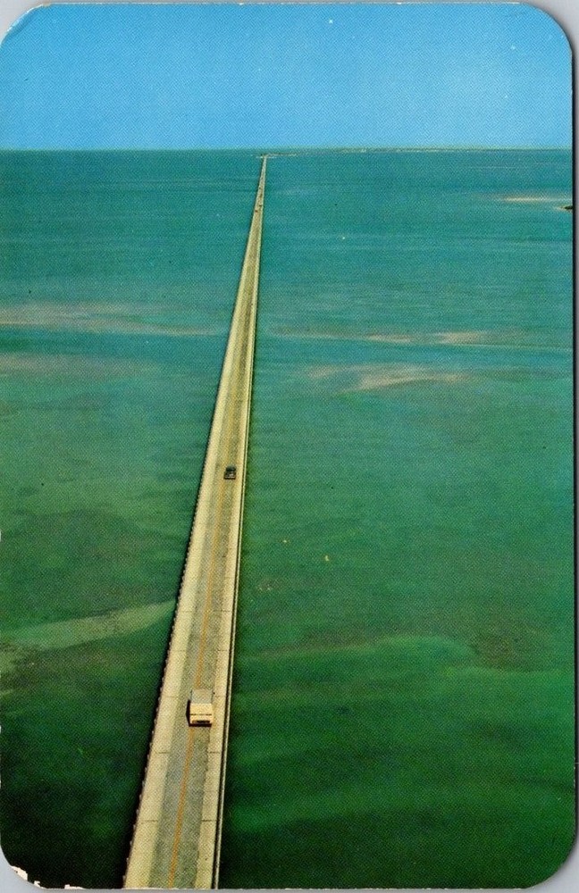 1954 Key West Florida Seven Mile Bridge Overseas Highway Postcard Aerial View
