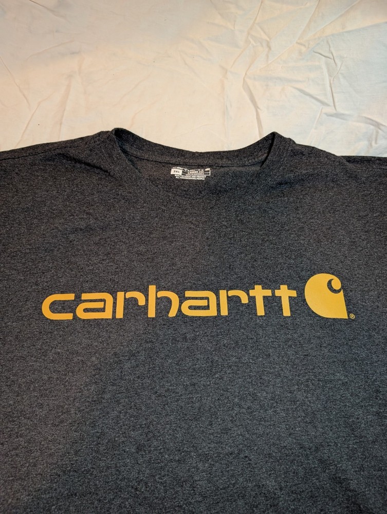 USED Carhartt K195 3XL Men Logo Graphic T-Shirt Loose Short Sleeve Grey Orange