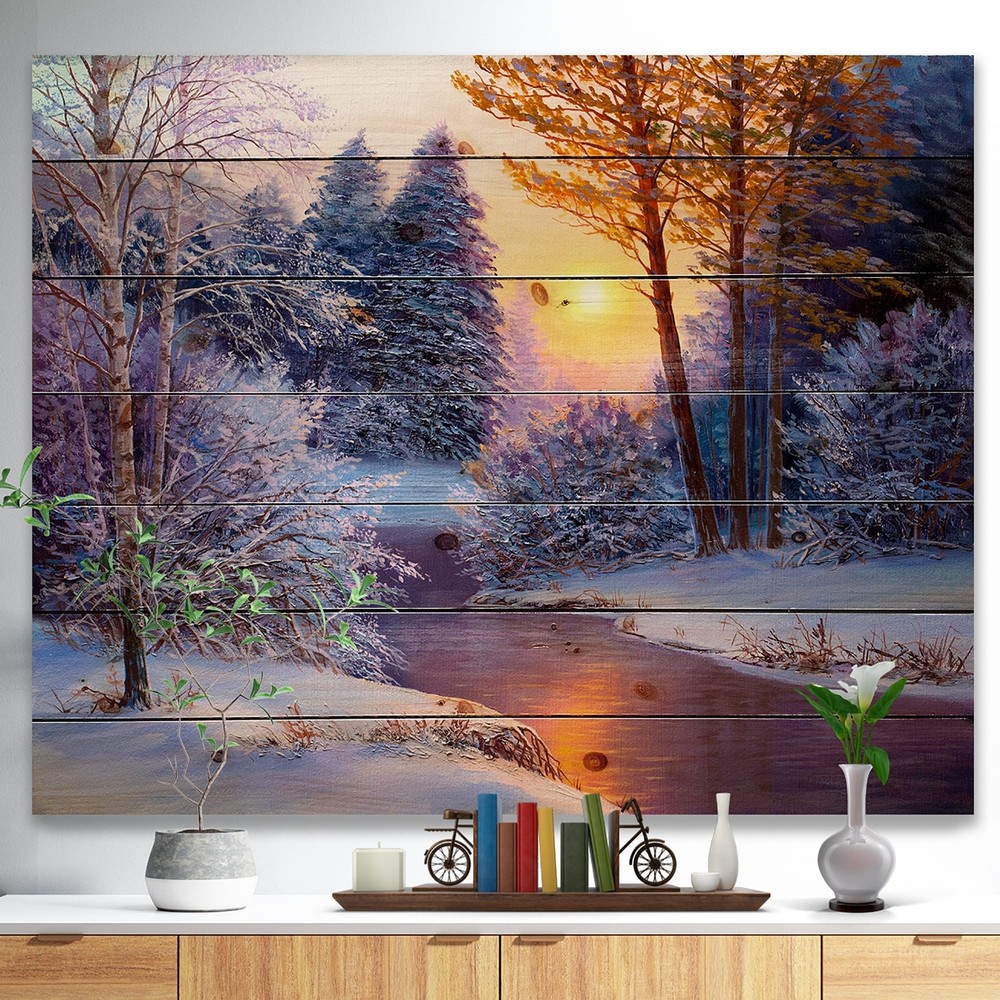 Designart 'Winter Forest In River' Nautical & Coastal Wood Wall Art - Natural