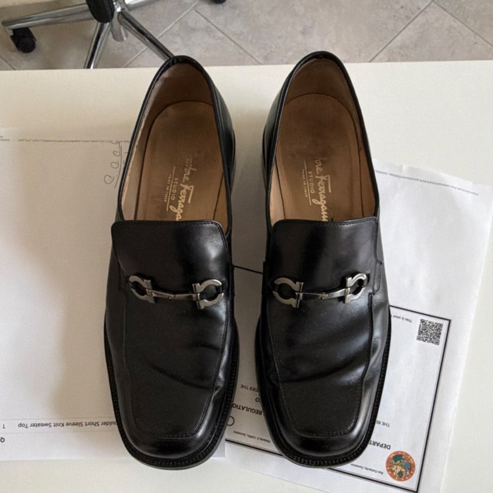 Salvatore Ferragamo Studio Black Leather Loafers Metal Bit Men's Dress Shoes