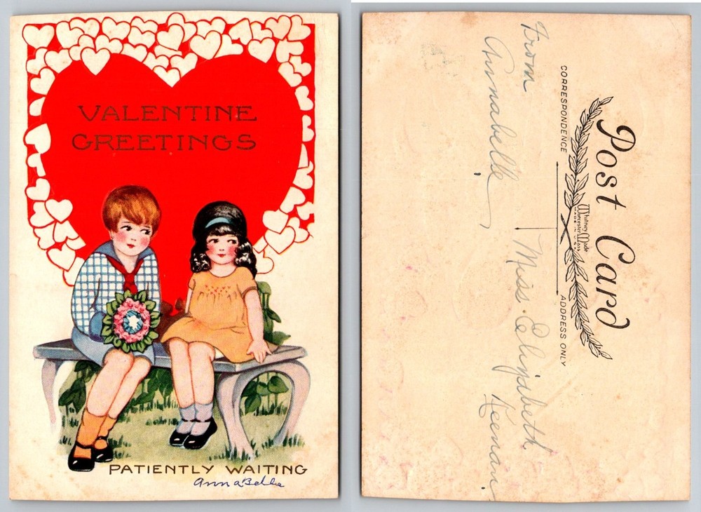 Vintage Valentine Postcard Boy Girl Bench 