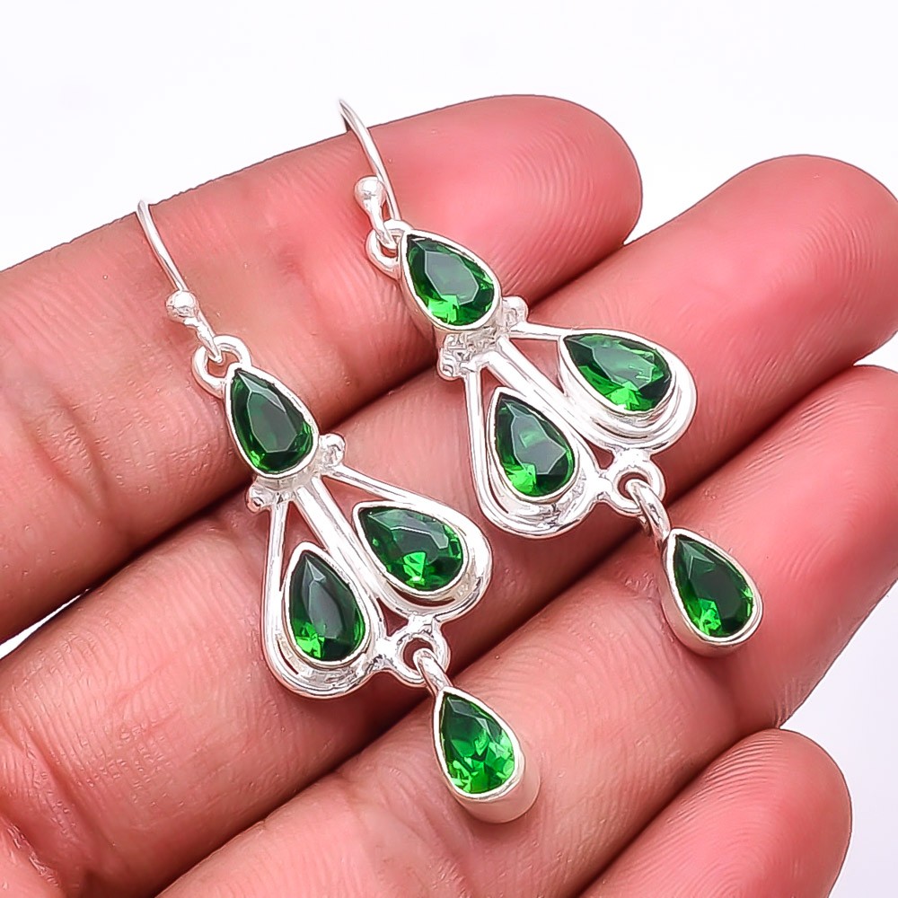 Simulated Emerald Multi Collet 925 Sterling Silver Drop Earrings 2.03in E799935420