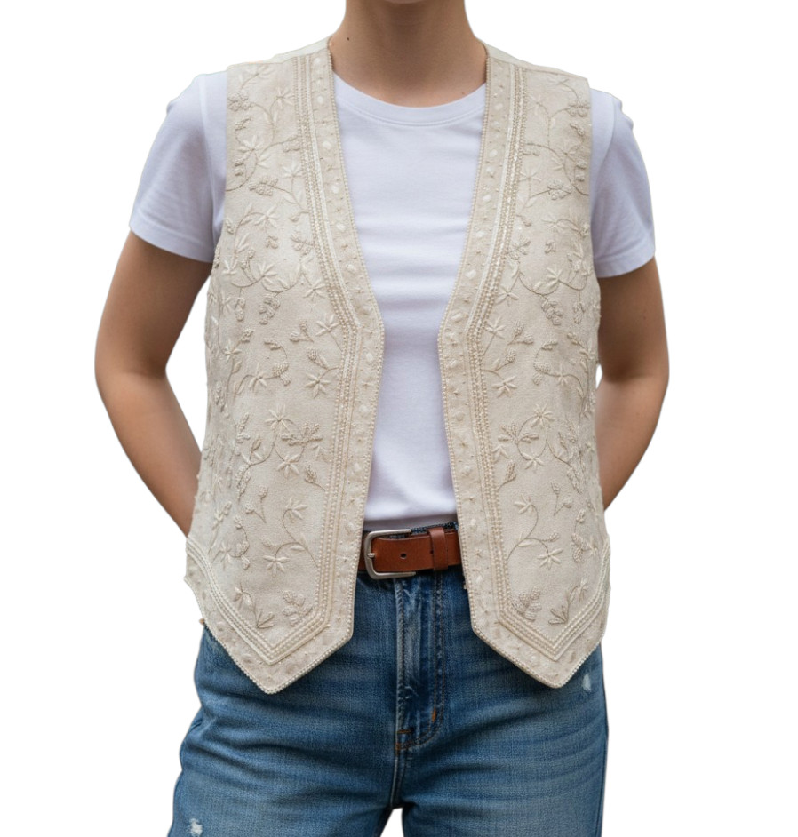 Vintage LIZ CLAIBORNE VEST TOP Ivory Beaded Embroidered Silk SATIN BACK Pearls M