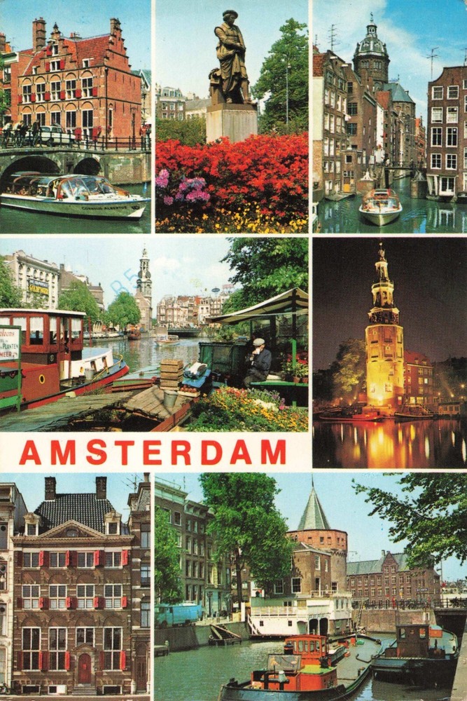 Amsterdam Netherlands, Famous Landmarks Boats Canals, Vintage Postcard