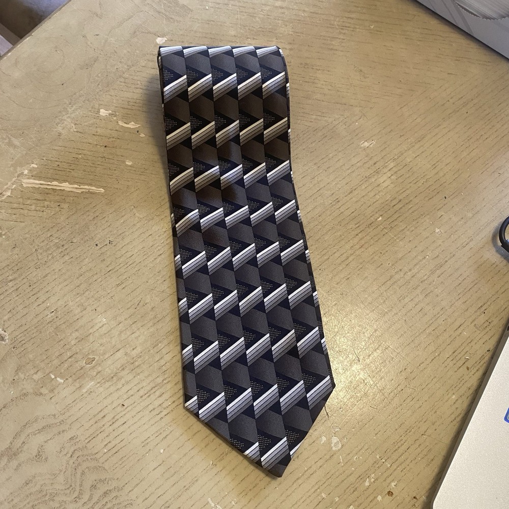 Vtg DiMOGGIO Tie Mens 100% Silk Necktie Black Gray Silver Geometric Hand Made