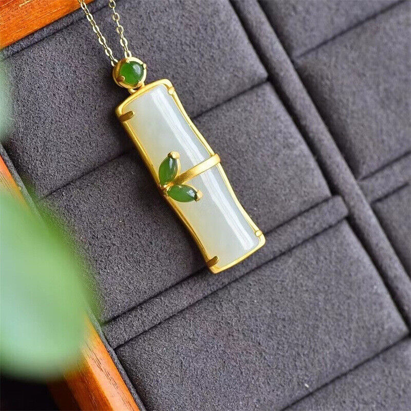 Elegant White Jade Bamboo Pendant Necklace in Natural Chalcedony & 925 Silver