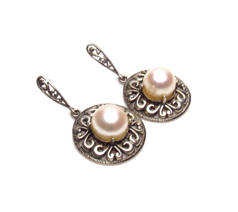 Sterling Silver Pearl Earrings Drops Detailed