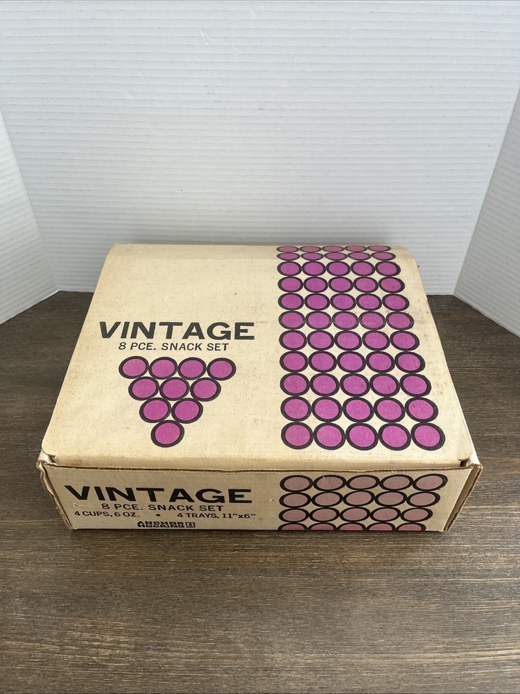 Vintage Anchor Hocking 8-Piece Glass Snack Set in Grape Cluster Pattern with Original Box