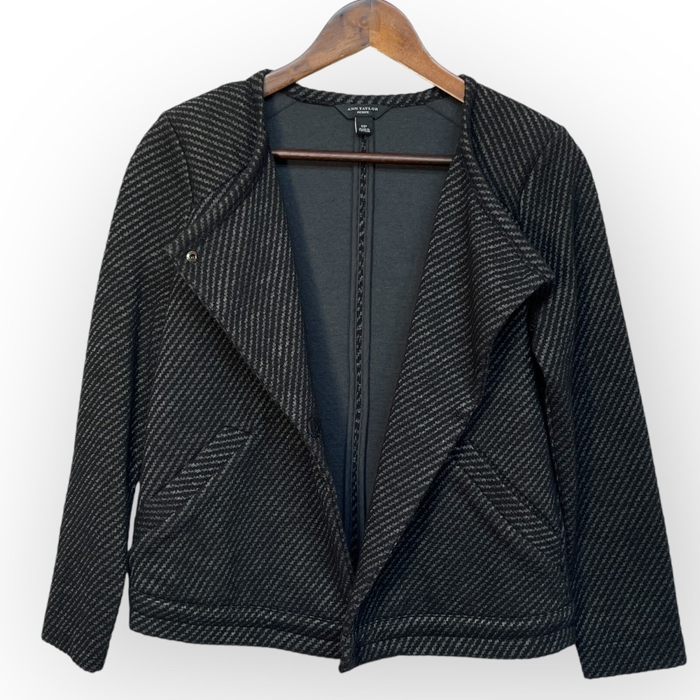 Ann Taylor Moto Jacket Women Size PS Black Gray Stripe Tweed Business Career