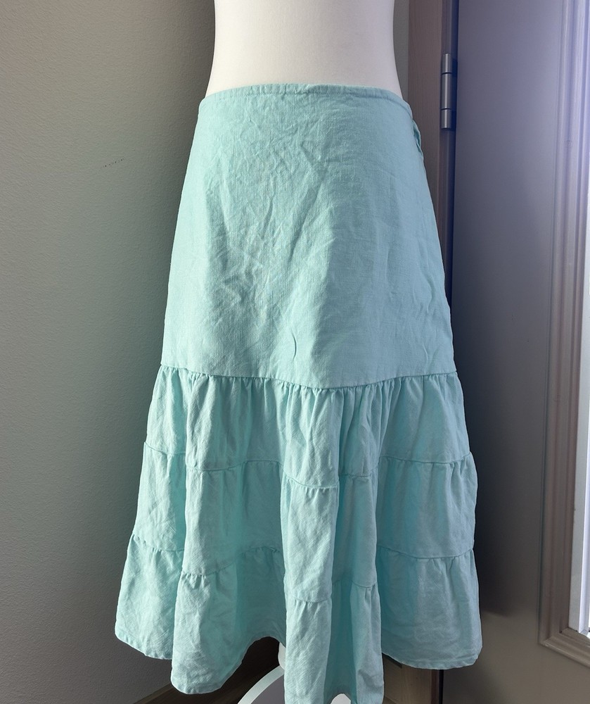 VTG Aqua Blue Linen Tiered A-line Skirt Beach 90s Coastal Vacation Boho Y2K