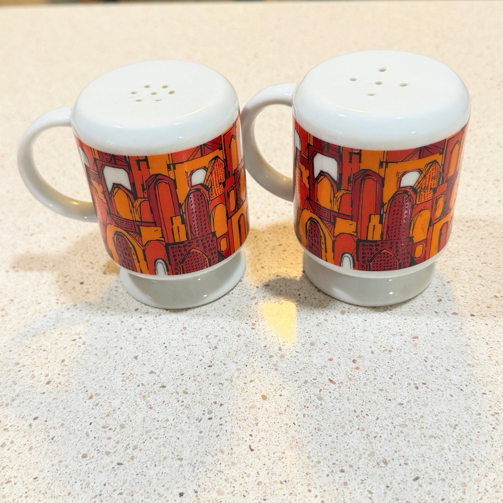 Vintage Holt Howard MCM Mod Salt Pepper Shakers Orange Architectural Japan Pair