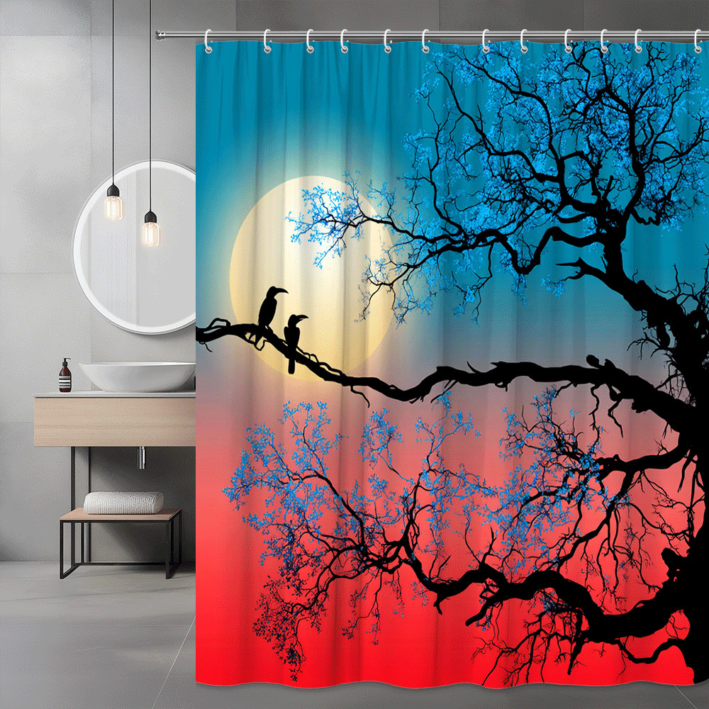 Moon Tree Birds Shower Curtain Blue Red Nature Print