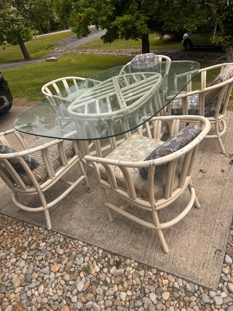 Rattan Round Glass Dining Table with 6 Upholstered Chairs, Beige Set