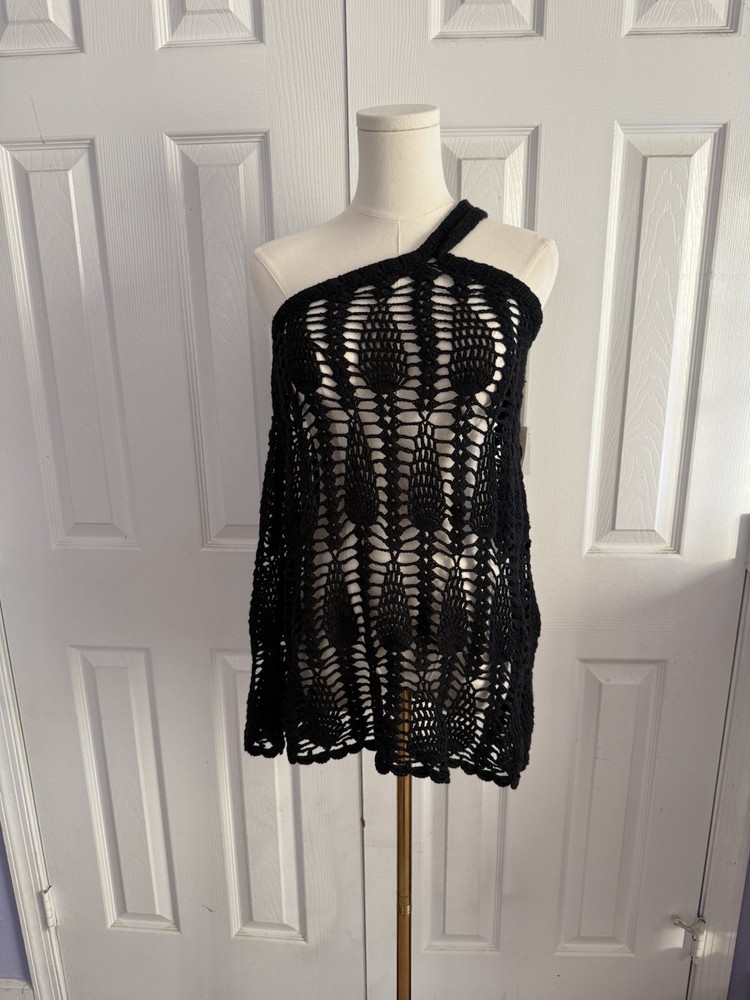 Anthropologie Black Crochet Open Knit One Shoulder Sleeveless Tunic Top XS