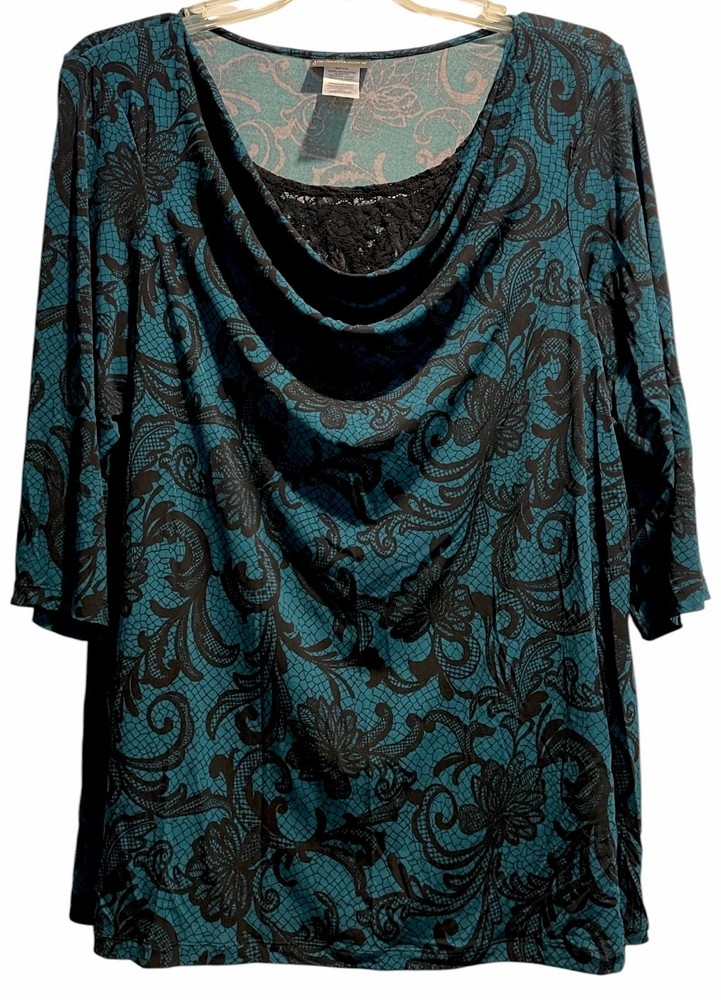JMS Easy Dressing Top Size 2X Green Cowl Neck Lace 3/4 Sleeve Stretchy Tunic