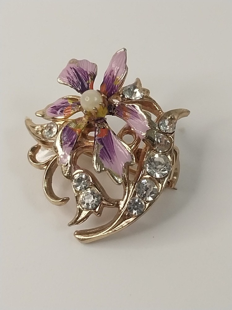 Vintage Gold Tone Purple Enamel Flower Brooch Faux Pearl Rhinestone Pin 1