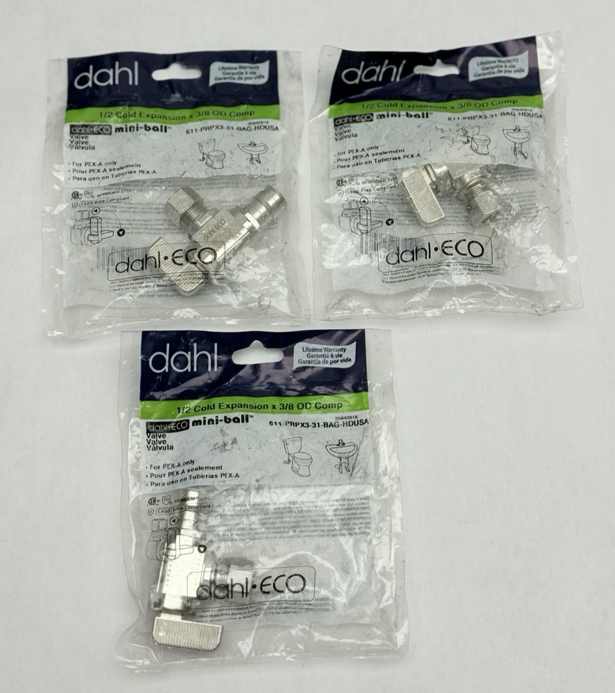 Lot of 3, Dahl Mini-Ball Valve 1/2 Cold Expansion x 3/8 OD, 611-PRPX3-31