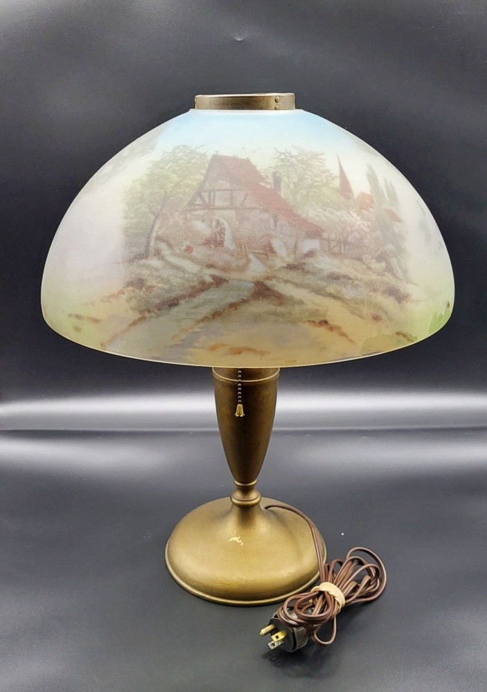 Antique Table Lamp with Reverse Painted glass shade, Pittsburg? Works