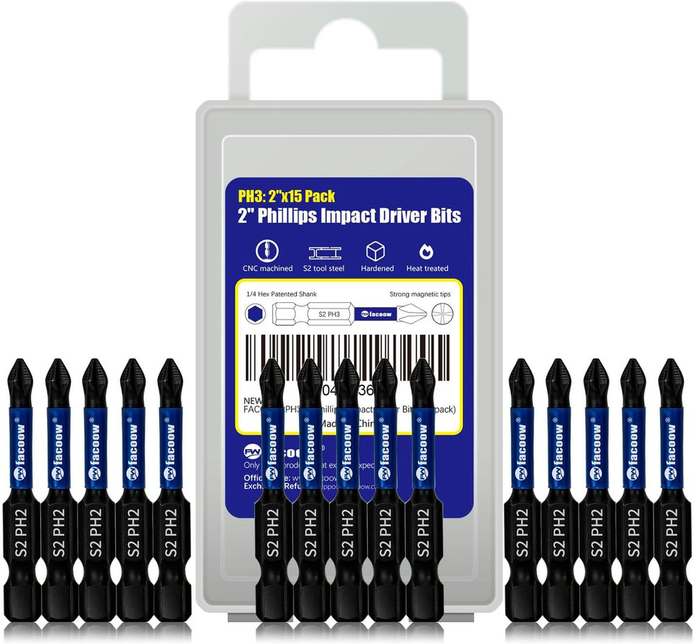 15 Pack Phillips Impact Driver Bits, #2 Phillips Head Magnetic Screwdriver Bits