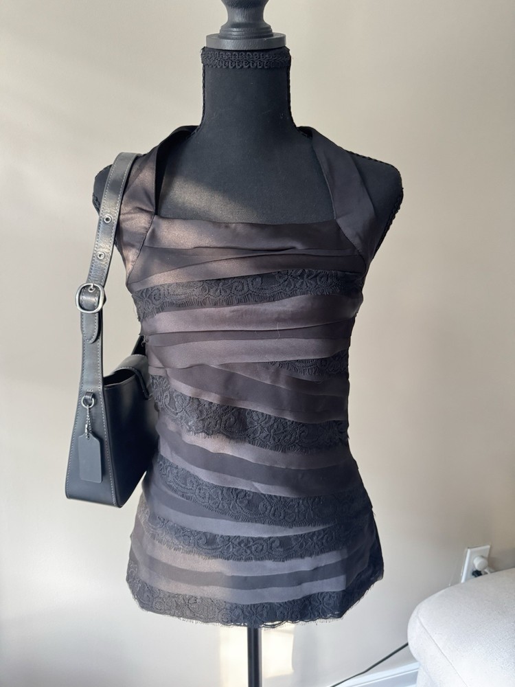 White House Black Market Women's Black Striped Sheer Lace Halter Top XXS