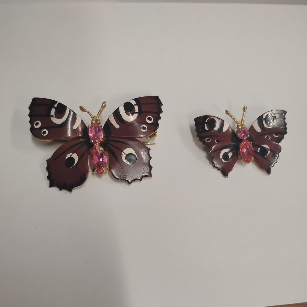 Vintage Butterfly Hand Painted Czech Moth Brooch Pin Lot of 2 Enamel Gold Tone