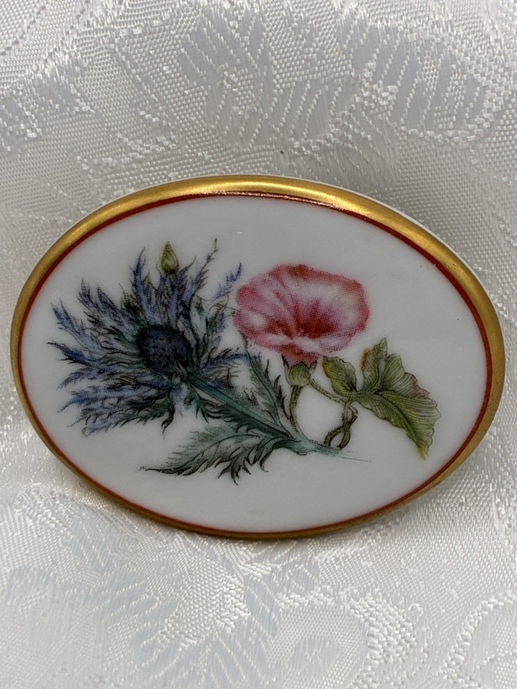 Vintage Signed Mottahedeh Thistle & Petunia Porcelain Gold-Rimmed Brooch