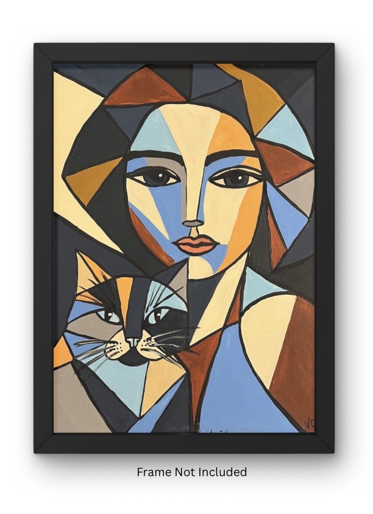 True Blue Cat Lady Modern Picasso-Inspired  14x11” Canvas Acrylic VLP Original