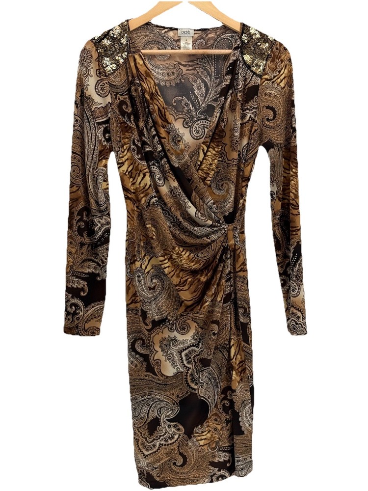 Cache Dress Faux Wrap Dress Animal Print V-Neck Beaded Shoulder Size M Mob Wife