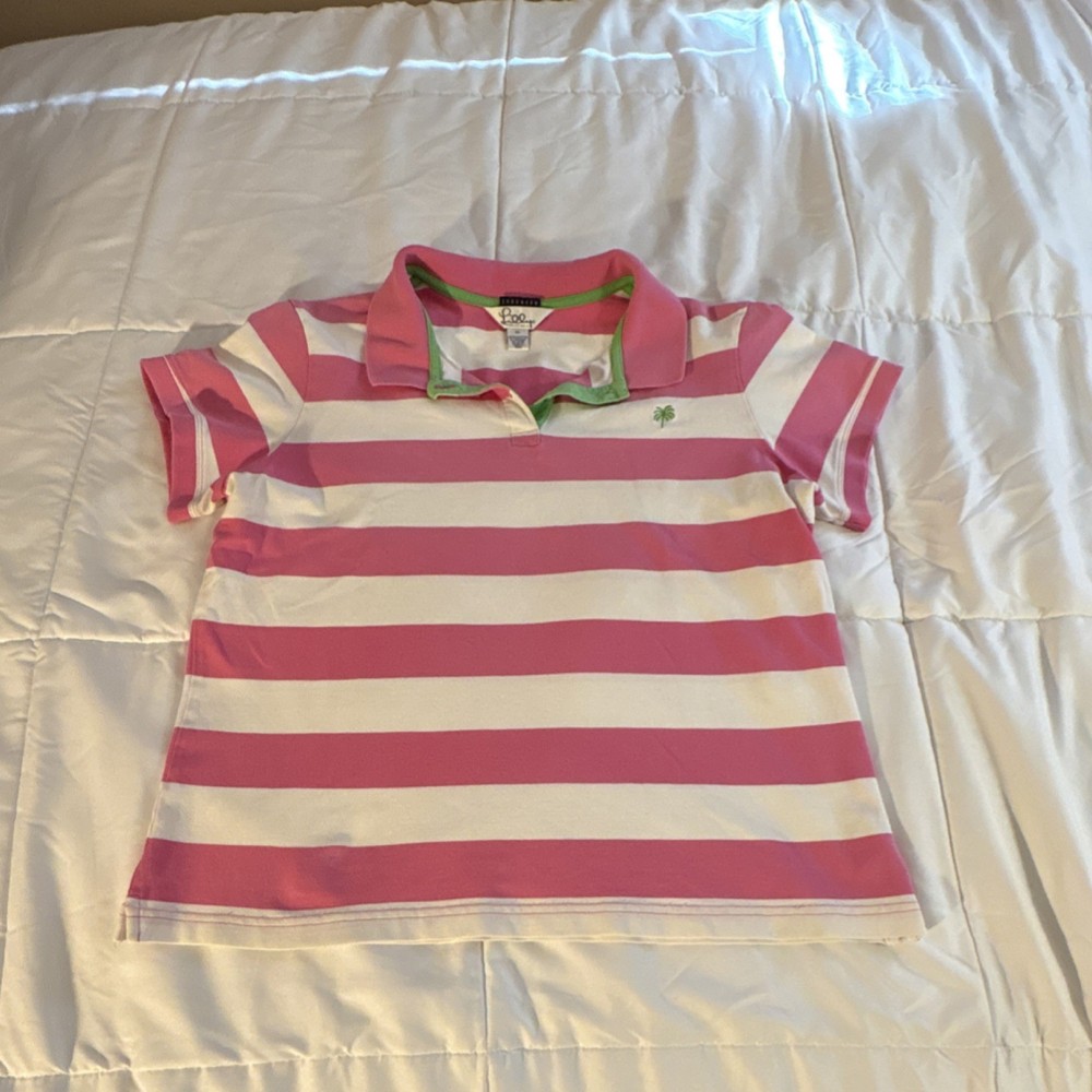 Lilly Pulitzer Pink White Striped Short Sleeve Polo Shirt Women’s XL