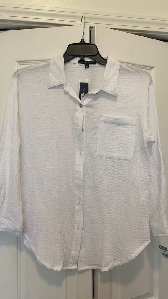 Adrienne Vittadini Woven Cotton Collared Button-Up White Blouse 3/4 Sleeve L