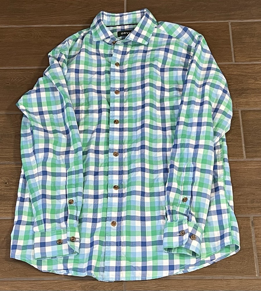 Orvis Shirt Men’s Blue Green Plaid Long Sleeve Active Fit  Medium