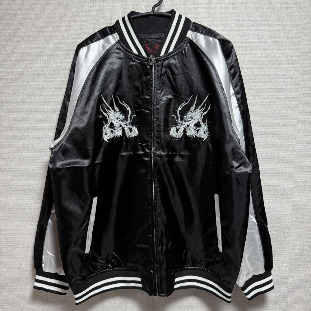 Sukajan Jacket Dragon Embroidery Black Satin 4XL 5L Japan Souvenir Streetwear